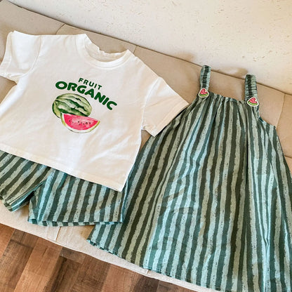 半袖セットアップ キッズワンピース/セットアップ 2点セット スイカストライププリントキャミソールワンピース/半袖Tシャツ+ショートパンツ リンクコーデ 兄弟姉妹 お揃いコーデ【mh0008880】