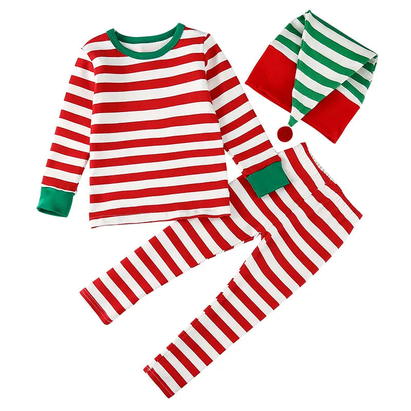 長袖セットアップ キッズセットアップ 3点セット クリスマスカラーボーダー長袖Tシャツ+ロングパンツ+ポンポン付きキャップ帽子 エルフコスチューム【mh0008100】