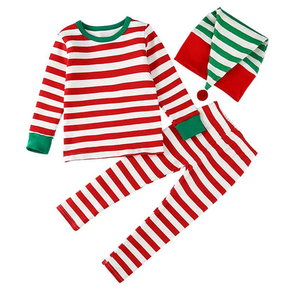 長袖セットアップ キッズセットアップ 3点セット クリスマスカラーボーダー長袖Tシャツ+ロングパンツ+ポンポン付きキャップ帽子 エルフコスチューム【mh0008100】