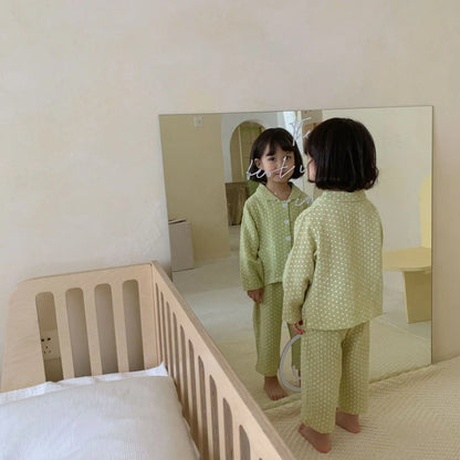 長袖セットアップ キッズパジャマセット 長袖シャツ ロングパンツ 水玉ドットプリント 4カラー【mh0004073】