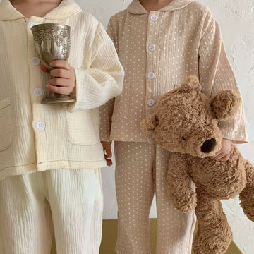 長袖セットアップ キッズパジャマセット 長袖シャツ ロングパンツ 水玉ドットプリント 4カラー【mh0004073】