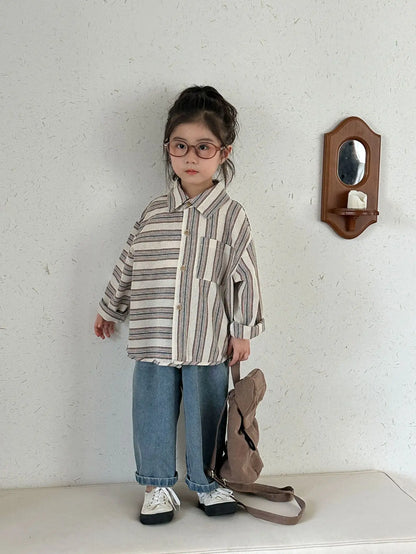 長袖シャツ・ブラウス Apricot / 80cm 12M キッズトップス ストライプボーダーアシメ長袖シャツ【mh0008781】