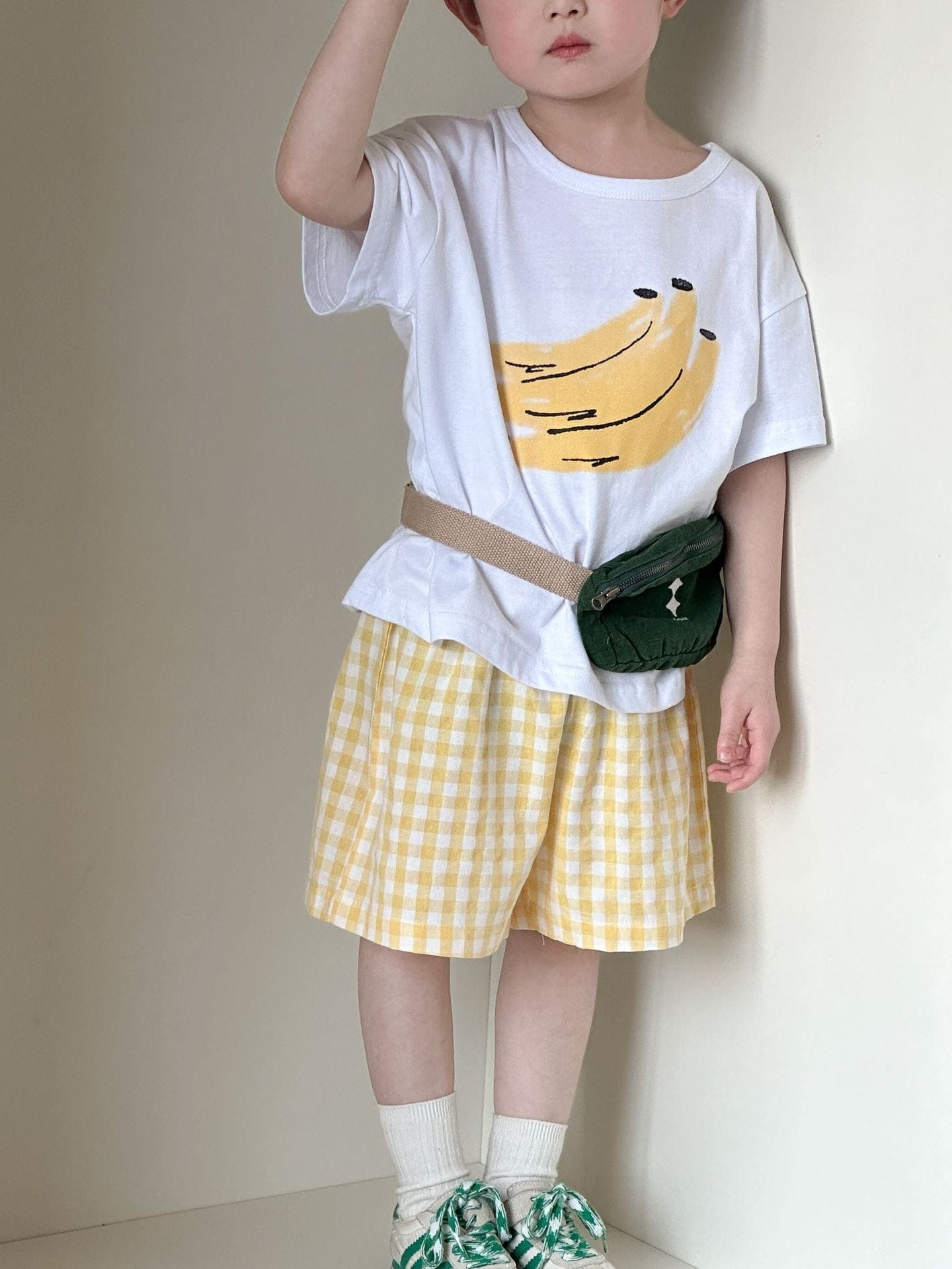 半袖セットアップ banana / 80cm フルーツ/ベジタブルプリント半袖Tシャツ+チェックショートパンツセットアップ 2点セット【mh0009834】