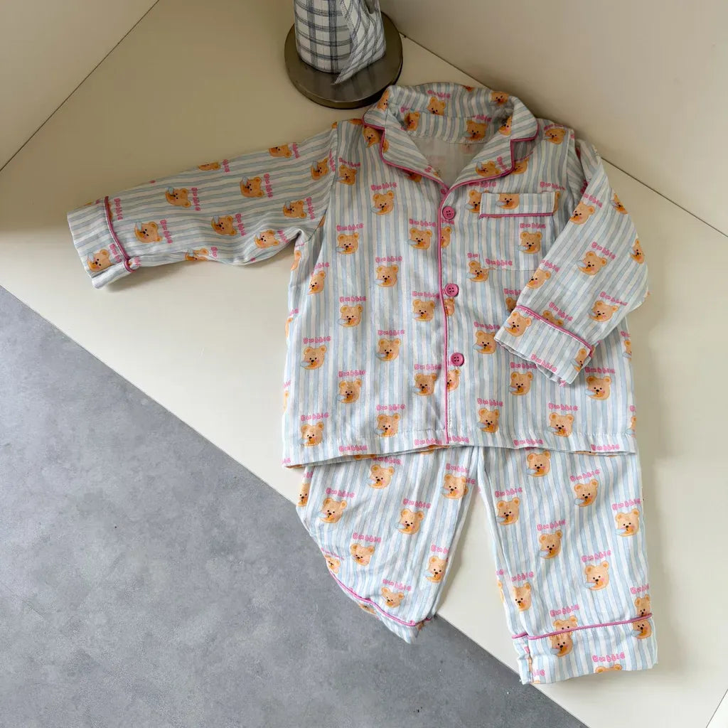 長袖パジャマ bear / 80cm ストライプくま/リボンプリント長袖パジャマセットアップ 2点セット【mh0011232】