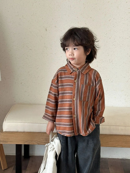 長袖シャツ・ブラウス Beige / 80cm 12M キッズトップス ストライプボーダーアシメ長袖シャツ【mh0008781】