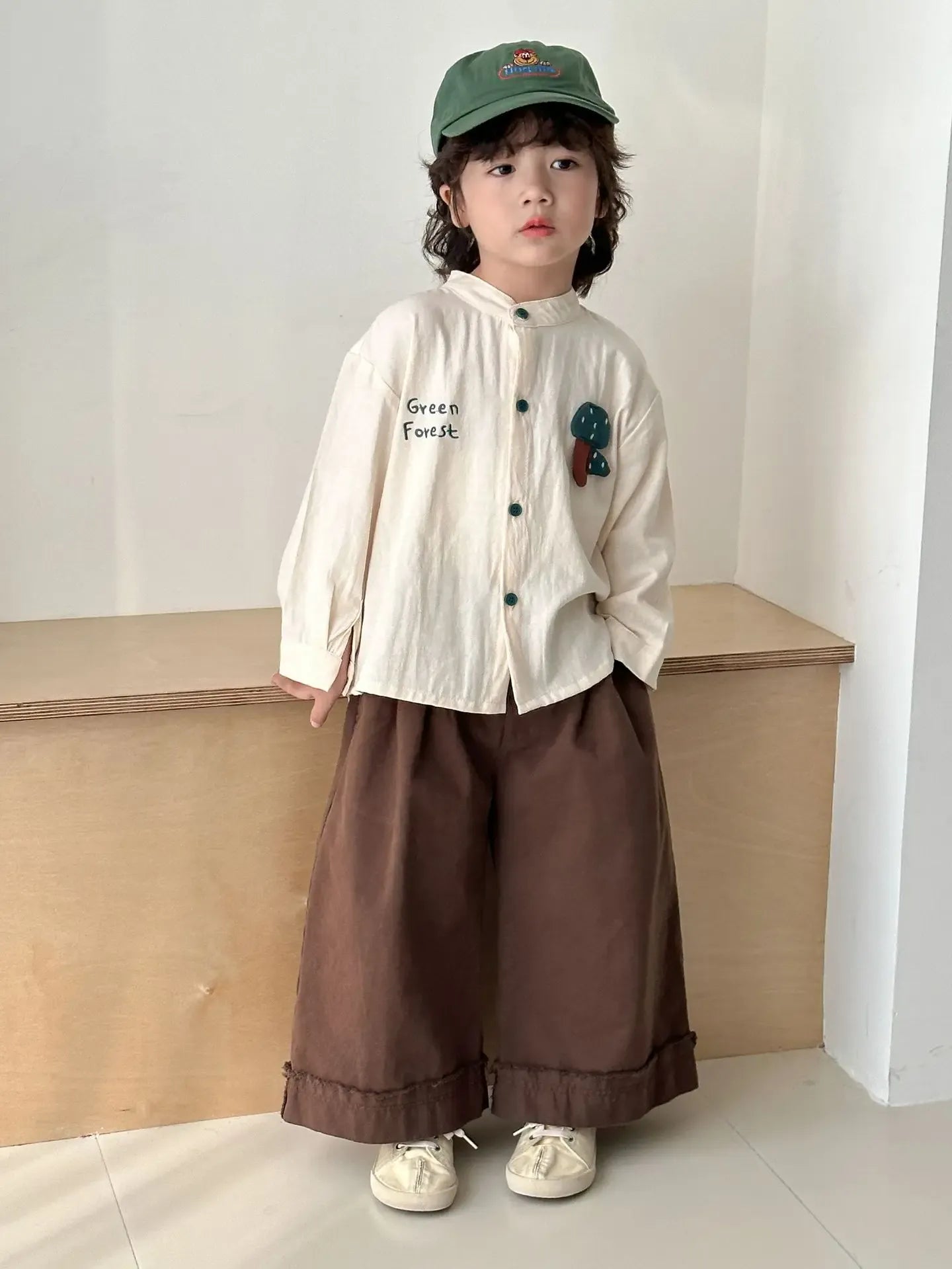 長袖シャツ・ブラウス Beige / 80cm 12M キッズトップス アップリケ刺繍ノーカラー長袖シャツブラウス【mh0008834】