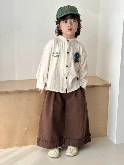 長袖シャツ・ブラウス Beige / 80cm 12M キッズトップス アップリケ刺繍ノーカラー長袖シャツブラウス【mh0008834】