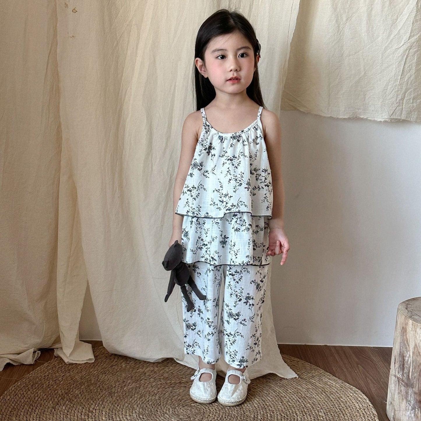 ノースリーブセットアップ Beige White / 80cm フラワープリントキャミソールチュニック+ワイドルーズパンツセットアップ 2点セット【mh0010193】