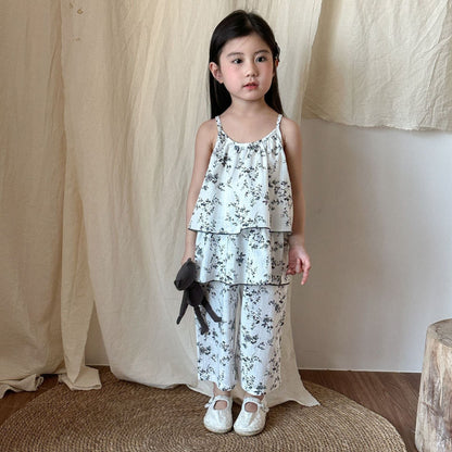 ノースリーブセットアップ Beige White / 80cm フラワープリントキャミソールチュニック+ワイドルーズパンツセットアップ 2点セット【mh0010193】