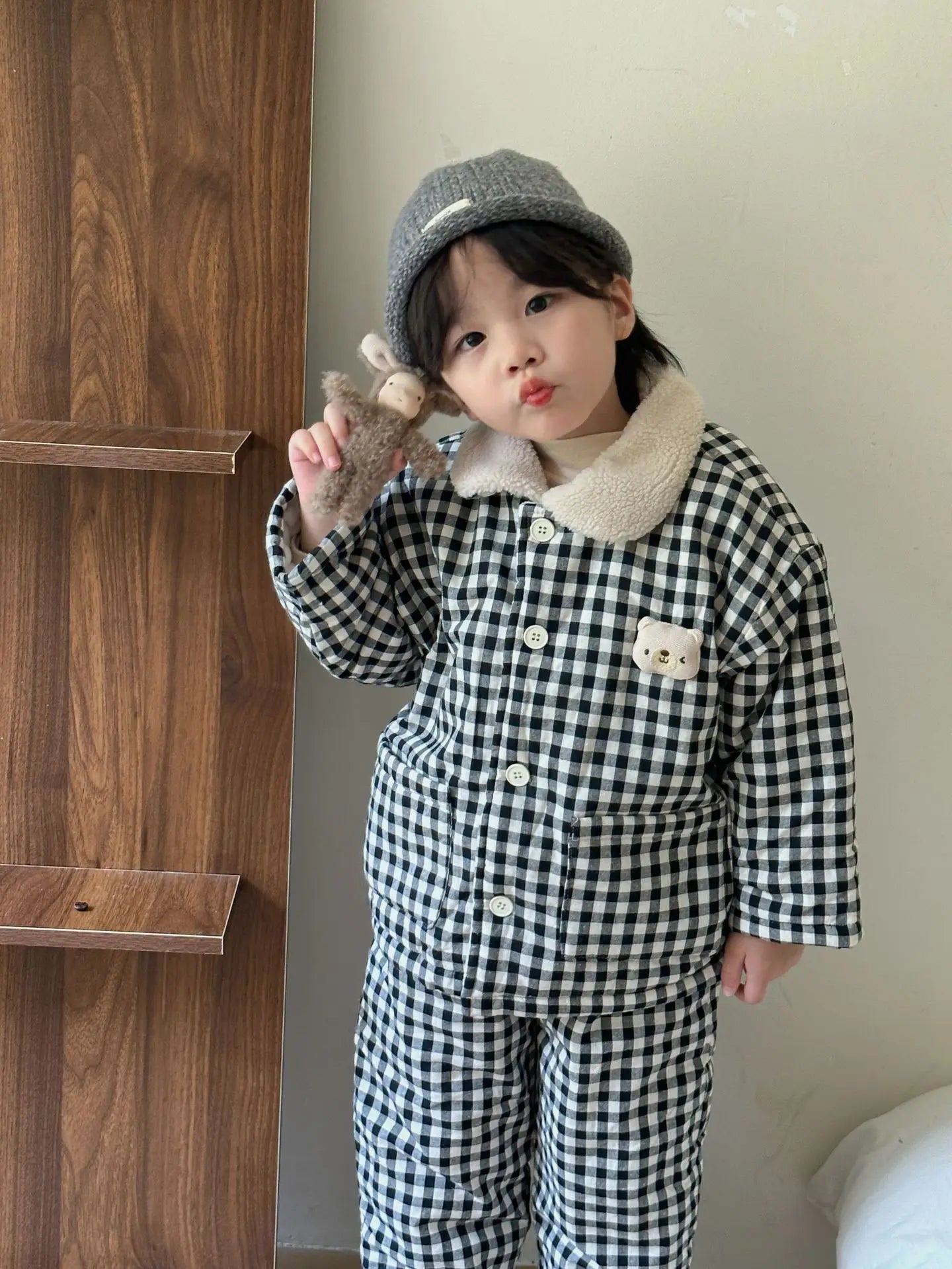 長袖パジャマ Black / 12M  80CM キッズセットアップ 2点セット チェック厚手防寒長袖パジャマセット【mh0007785】