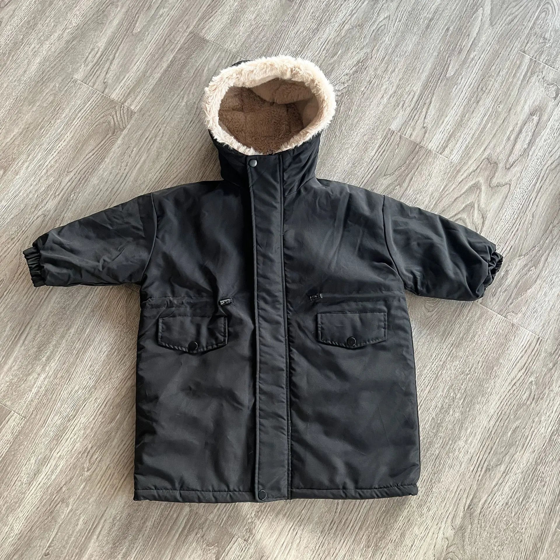 ロングコート Black / 80cm キッズアウター ロングコート 裏ボアフリース フード付きコート ブラック ベージュ 2カラー ユニセックス 男の子 女の子 子供服【mh0003196】