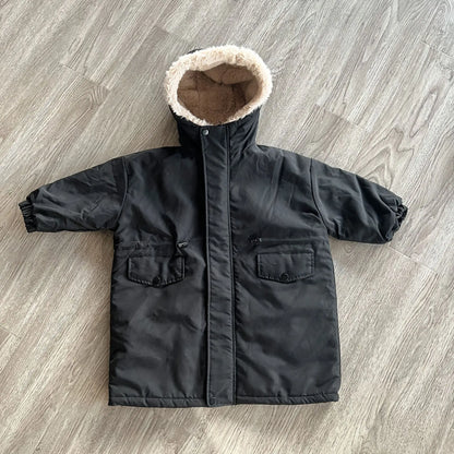 ロングコート Black / 80cm キッズアウター ロングコート 裏ボアフリース フード付きコート ブラック ベージュ 2カラー ユニセックス 男の子 女の子 子供服【mh0003196】