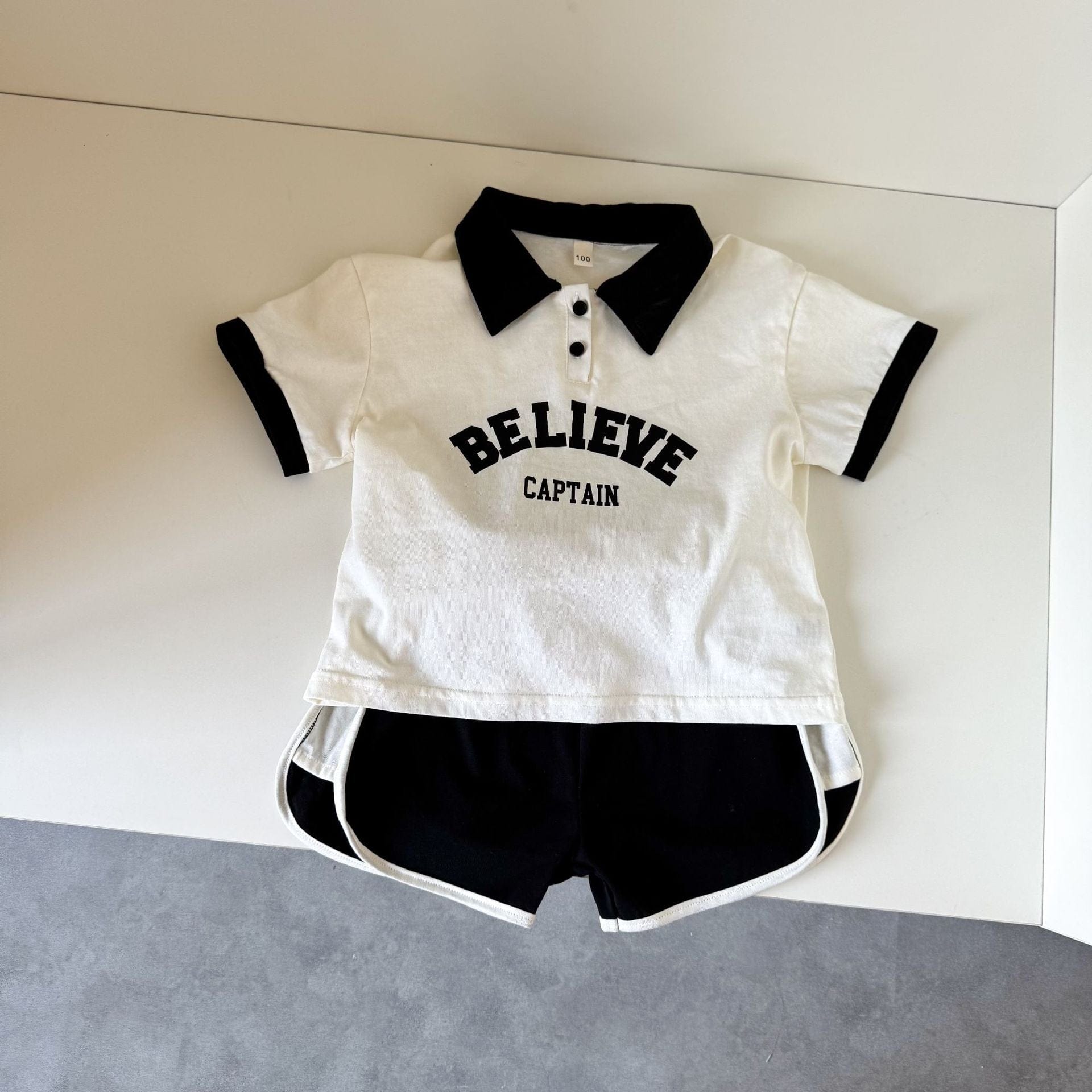 半袖セットアップ Black / 80cm レターロゴプリント半袖ポロシャツ+ショートパンツセットアップ 2点セット【mh0010189】