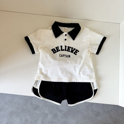 半袖セットアップ Black / 80cm レターロゴプリント半袖ポロシャツ+ショートパンツセットアップ 2点セット【mh0010189】