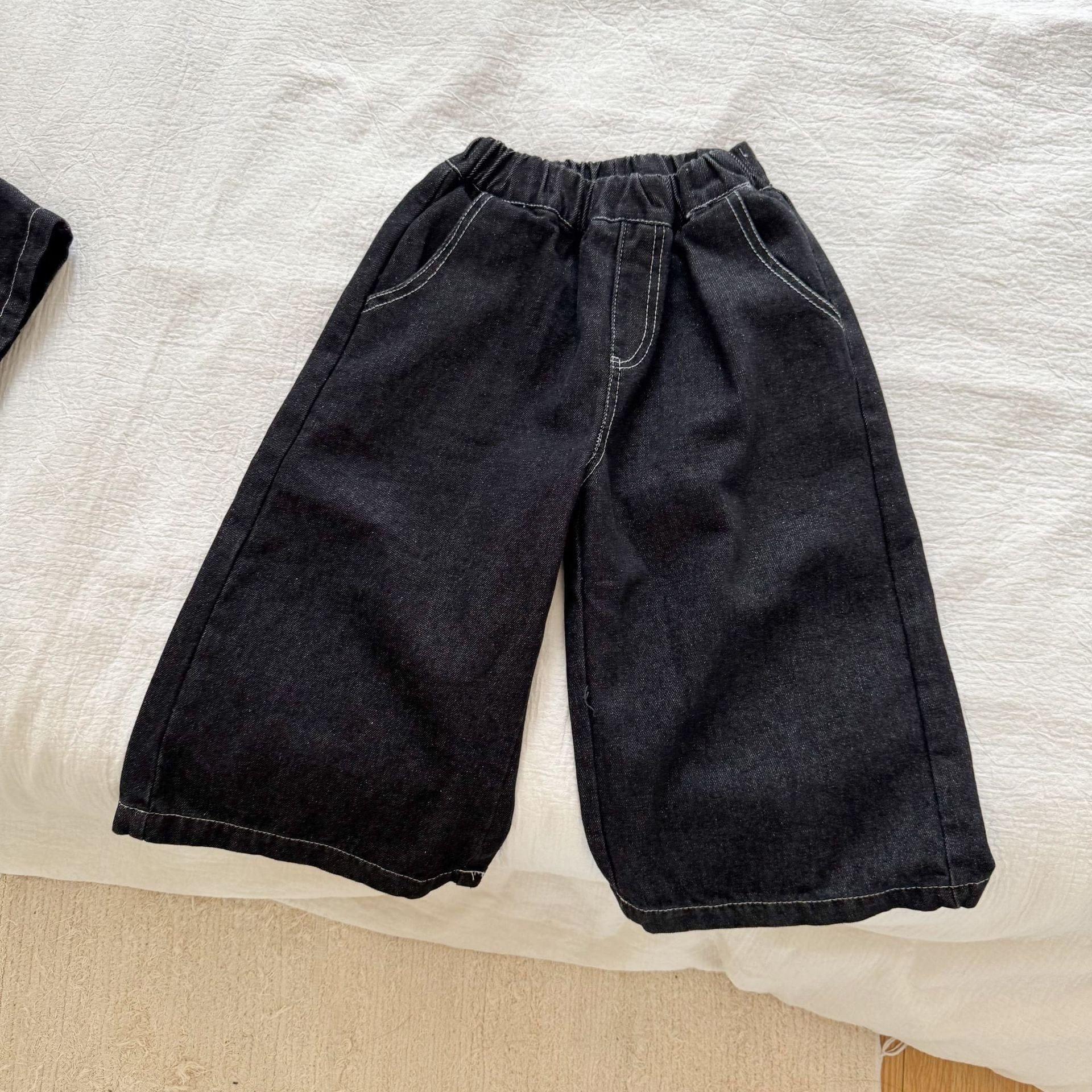 ノースリーブセットアップ black pants / 80cm デニムダブルボタンベスト/ワイドルーズロングデニムパンツジーンズ【mh0010491】