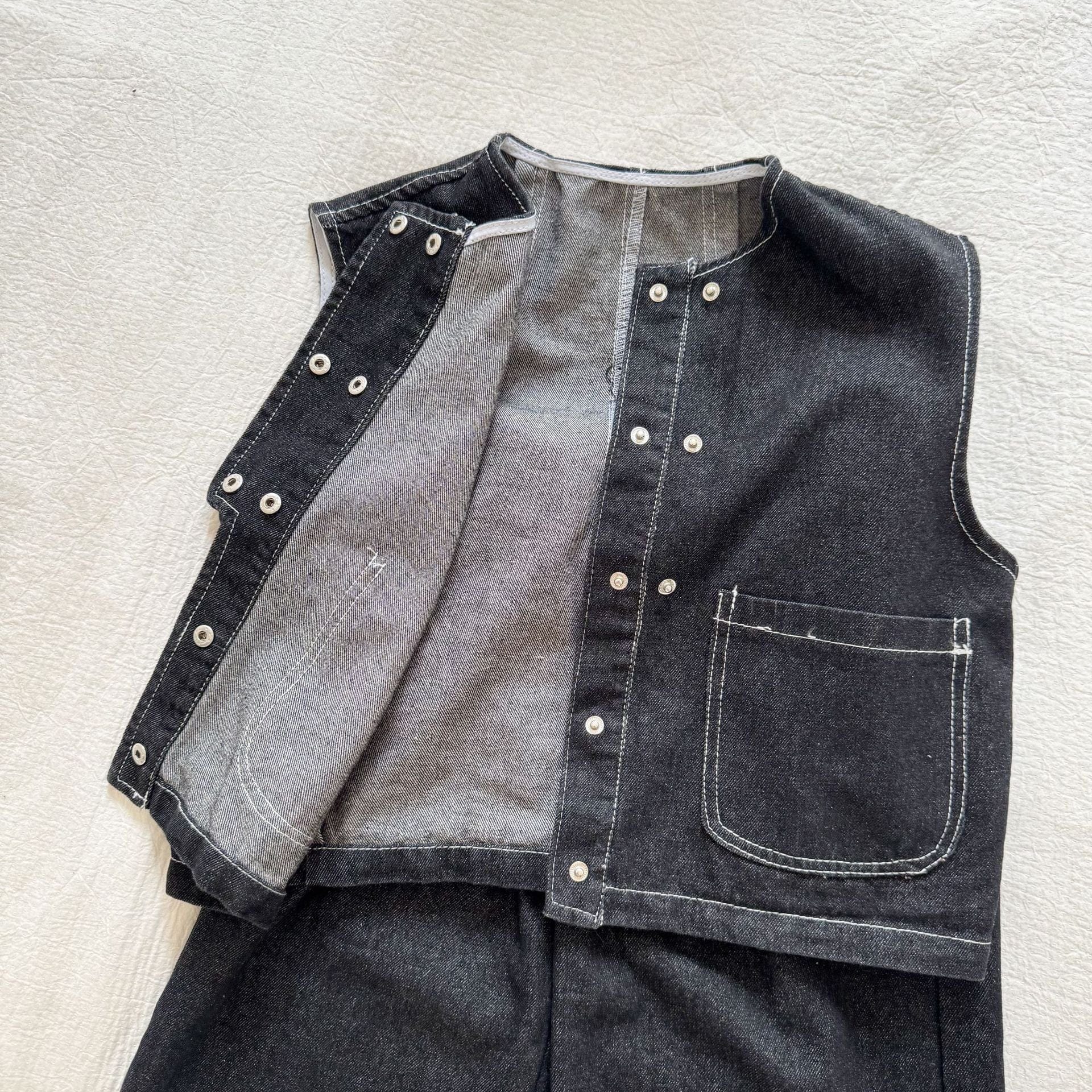 ノースリーブセットアップ black top / 80cm デニムダブルボタンベスト/ワイドルーズロングデニムパンツジーンズ【mh0010491】