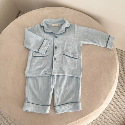 長袖パジャマ Blue / 18M (80) キッズセットアップ 2点セット 長袖パジャマセット シンプル前あきオープンカラー長袖シャツ+ルーズロングパンツ【mh0008643】