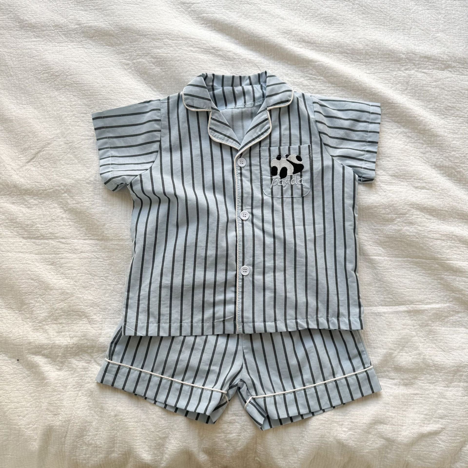 半袖セットアップ Blue / 80cm パンダストライプ半袖シャツ+ショートパンツセットアップ 2点セット【mh0010188】