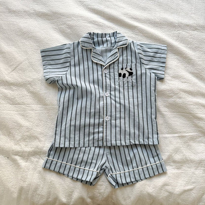 半袖セットアップ Blue / 80cm パンダストライプ半袖シャツ+ショートパンツセットアップ 2点セット【mh0010188】
