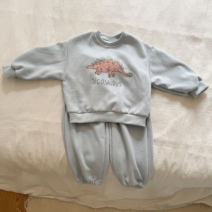 長袖セットアップ Blue / 80cm ダイナソー恐竜プリント長袖スウェットセットアップ 2点セット【mh0010494】