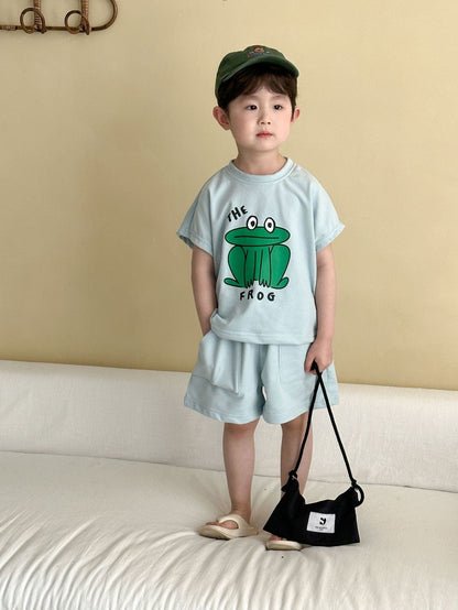 半袖セットアップ Blue / 80cm カエルFrogプリント半袖Tシャツ+ショートパンツセットアップ 2点セット【mh0009837】