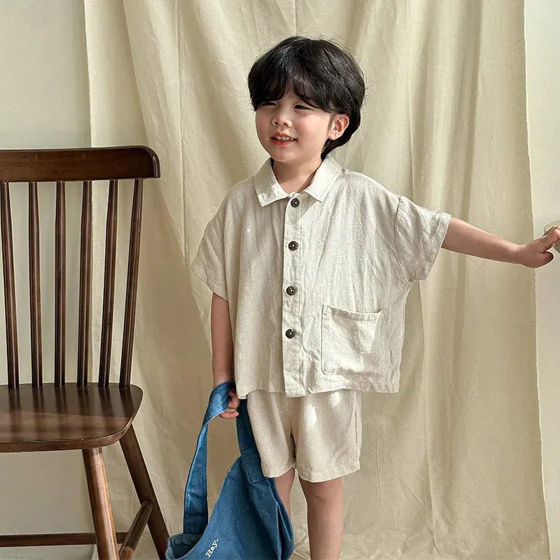 半袖セットアップ boy suit / 80cm 9-12M キッズセットアップ 2点セット/ワンピース ボーイズ半袖シャツ+ショートパンツ/ガールズ半袖ワンピース ナチュラル コットンリネン リンクコーデ 兄弟姉妹 お揃いコーデ【mh0004513】