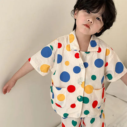 半袖セットアップ boy suit / 80cm 9-12M キッズセットアップ 2点セット/ワンピース ボーイズ半袖シャツ+ショートパンツ/ガールズ半袖ワンピース カラフル水玉ドットプリント リンクコーデ 兄弟姉妹 お揃いコーデ【mh0004514】