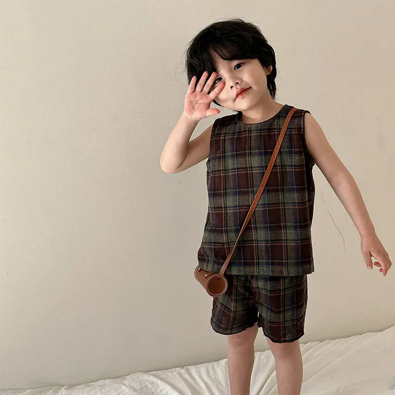 ノースリーブセットアップ boy suit / 80cm 9-12M キッズセットアップ 2点セット ボーイズ タンクトップ+ショートパンツ/ガールズフリルノースリーブブラウス+ロングワイドパンツ チェック リンクコーデ 兄弟姉妹 お揃いコーデ【mh0004647】