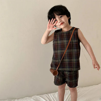 ノースリーブセットアップ boy suit / 80cm 9-12M キッズセットアップ 2点セット ボーイズ タンクトップ+ショートパンツ/ガールズフリルノースリーブブラウス+ロングワイドパンツ チェック リンクコーデ 兄弟姉妹 お揃いコーデ【mh0004647】