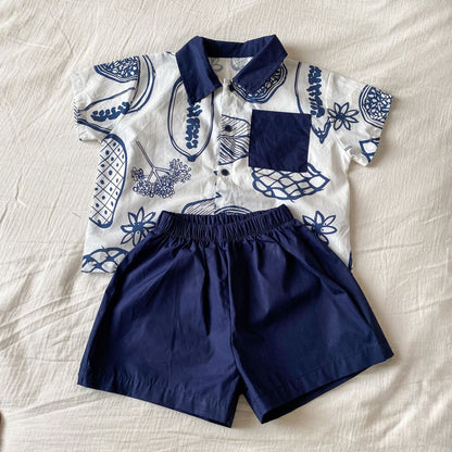 半袖セットアップ Boys / 80cm ボタニカルフルーツプリント ボーイズ半袖シャツ+ショートパンツ/ガールズノースリーブワンピース リンクコーデ 兄弟姉妹 お揃いコーデ【mh0010975】