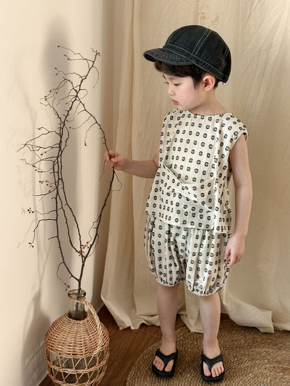 ノースリーブセットアップ boys set / 80cm ドットプリントセットアップ 2点セット ガールズ/ボーイズトップス+パンツセット【mh0009841】