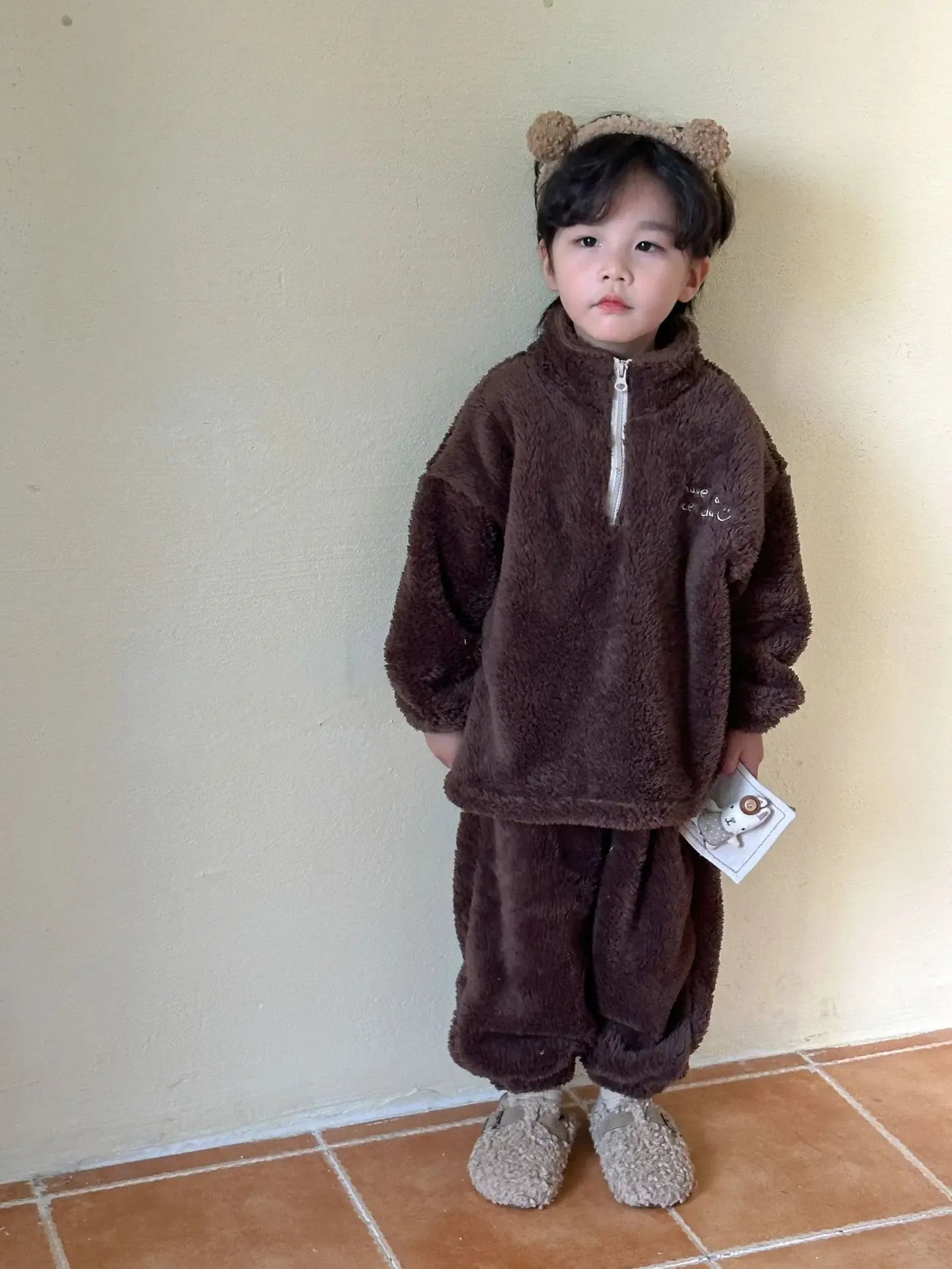 長袖パジャマ Brown / 12M  80CM キッズセットアップ 2点セット フリースフランネル防寒長袖パジャマセット【mh0007784】