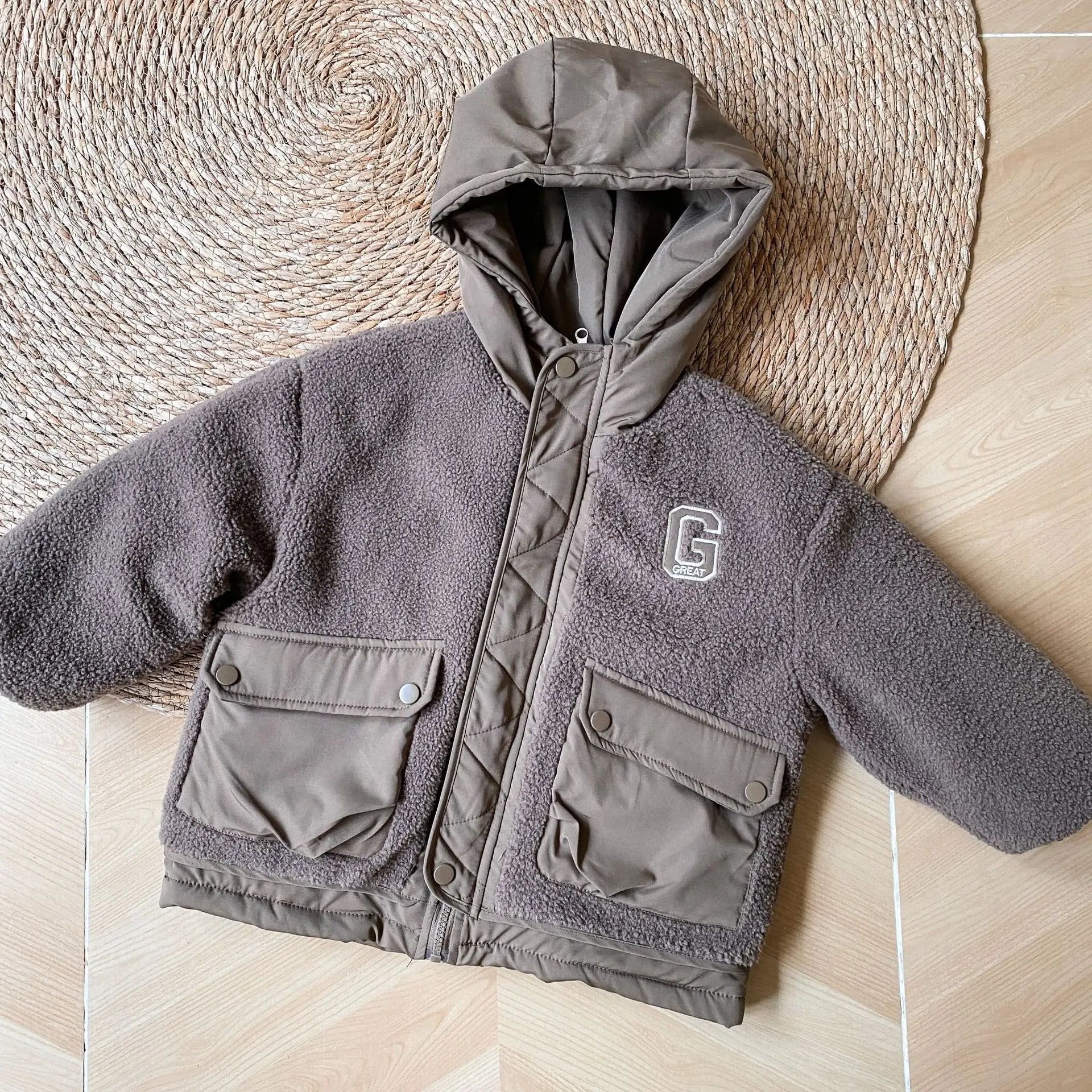 ショートコート・ジャケット・ジャンパー Brown / 12M  80CM キッズアウター ボアフリースキルティングドッキングフード付きジャケットコート【mh0007782】