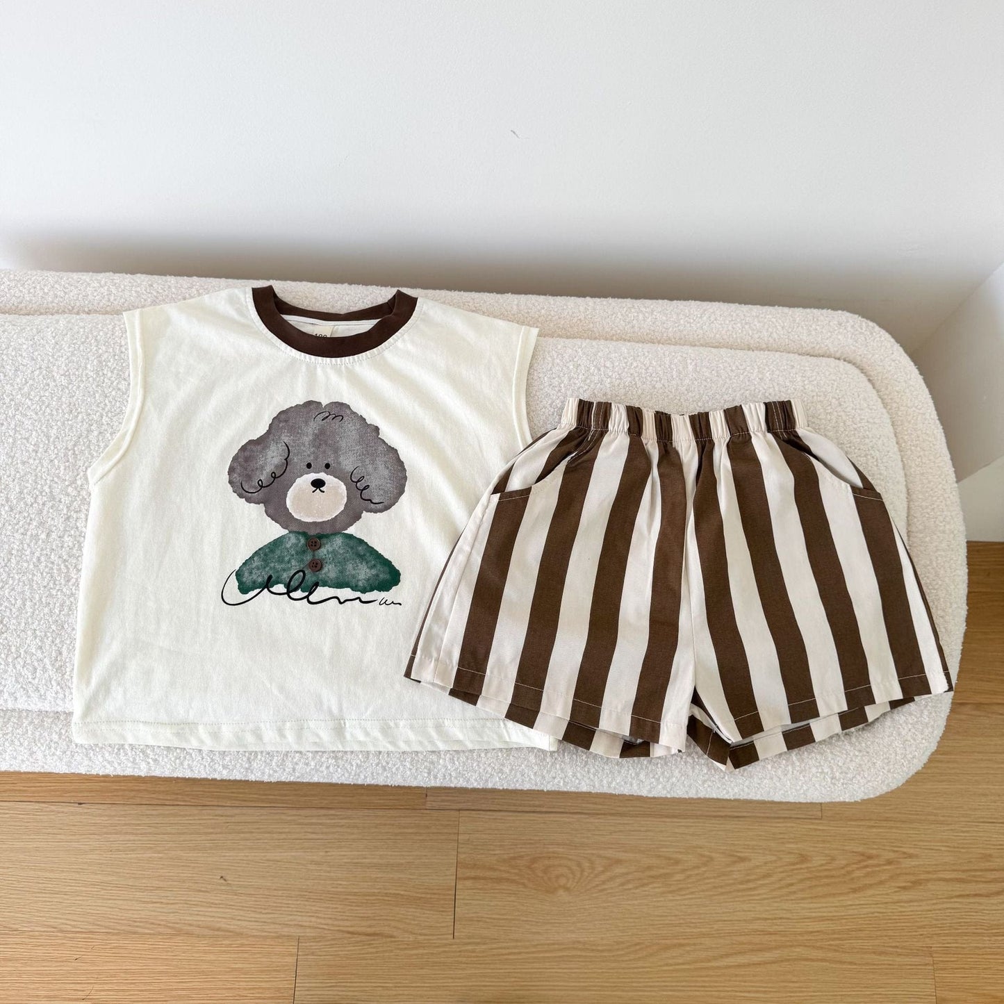 ノースリーブセットアップ Brown / 80cm アニマルプリント半袖Tシャツ+ストライプショートパンツセットアップ 2点セット【mh0010186】