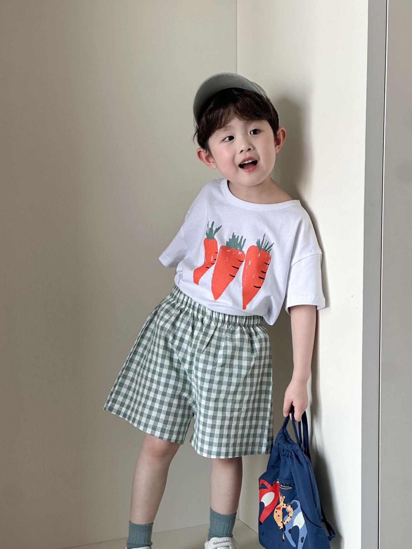 半袖セットアップ carrot / 80cm フルーツ/ベジタブルプリント半袖Tシャツ+チェックショートパンツセットアップ 2点セット【mh0009834】