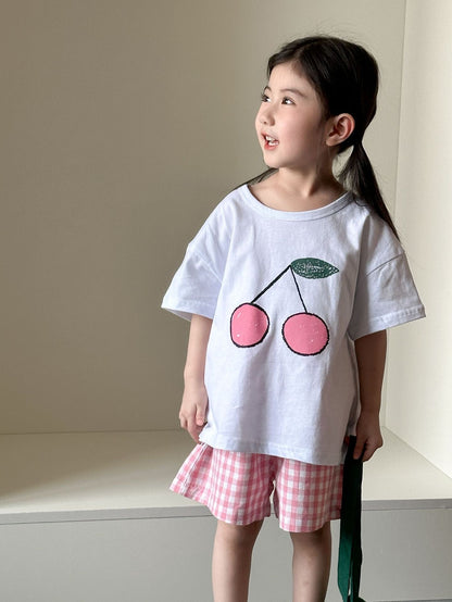 半袖セットアップ cherry / 80cm フルーツ/ベジタブルプリント半袖Tシャツ+チェックショートパンツセットアップ 2点セット【mh0009834】