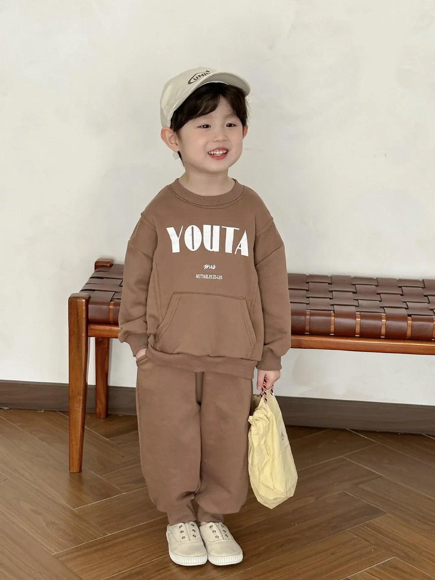 長袖セットアップ Coffee / 80cm 12M キッズセットアップ 2点セット レターロゴプリントカンガルーポケット長袖スウェットシャツ+ロングスウェットパンツ【mh0008765】