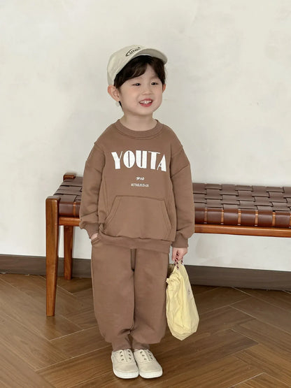 長袖セットアップ Coffee / 80cm 12M キッズセットアップ 2点セット レターロゴプリントカンガルーポケット長袖スウェットシャツ+ロングスウェットパンツ【mh0008765】