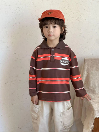 長袖シャツ・ブラウス coffee / 80cm 12M キッズトップス レトロボーダー長袖ポロシャツ【mh-0008833】
