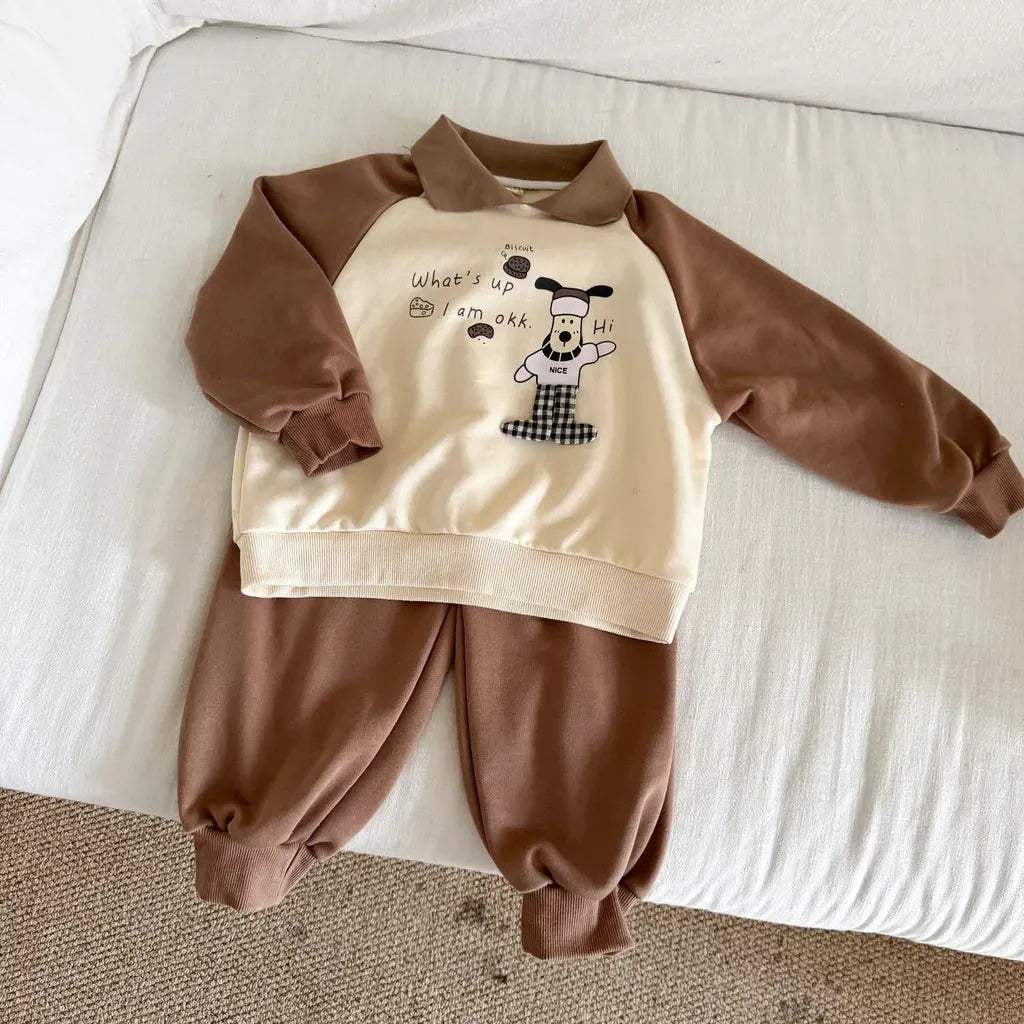 長袖セットアップ Coffee / 80cm クマ刺繍襟付きスウェットセットアップ 2点セット【mh0011234】