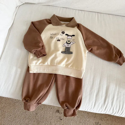 長袖セットアップ Coffee / 80cm クマ刺繍襟付きスウェットセットアップ 2点セット【mh0011234】