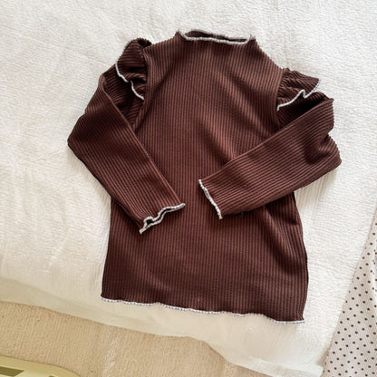 長袖セットアップ Coffee / 80cm 水玉ドットノースリーブワンピース/ショルダーフリル長袖カットソーTシャツ【mh0010481】