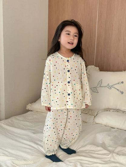 長袖パジャマ Colored dots / 80cm 12M キッズセットアップ 2点セット 長袖パジャマセット カラフル水玉ドット/プリントノーカラー長袖シャツ+ロングパンツ【mh0008763】