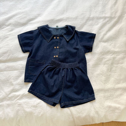 半袖セットアップ denim suit / 80cm デニム半袖パフスリーブワンピース/半袖シャツ+パンツセット リンクコーデ【mh0010184】
