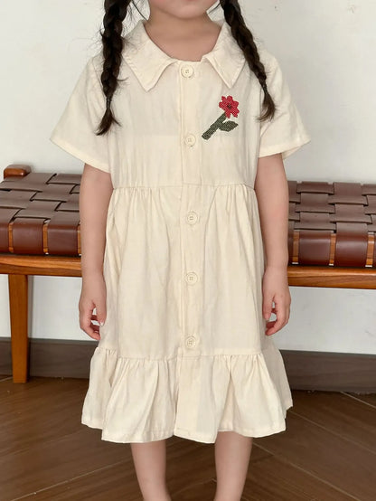 半袖セットアップ dress / 18M (80) キッズワンピース/セットアップ 2点セット フラワー刺繍ワンポイント半袖ブワンピース/半袖シャツ+ショートパンツ リンクコーデ 兄弟姉妹 お揃いコーデ【mh0008875】