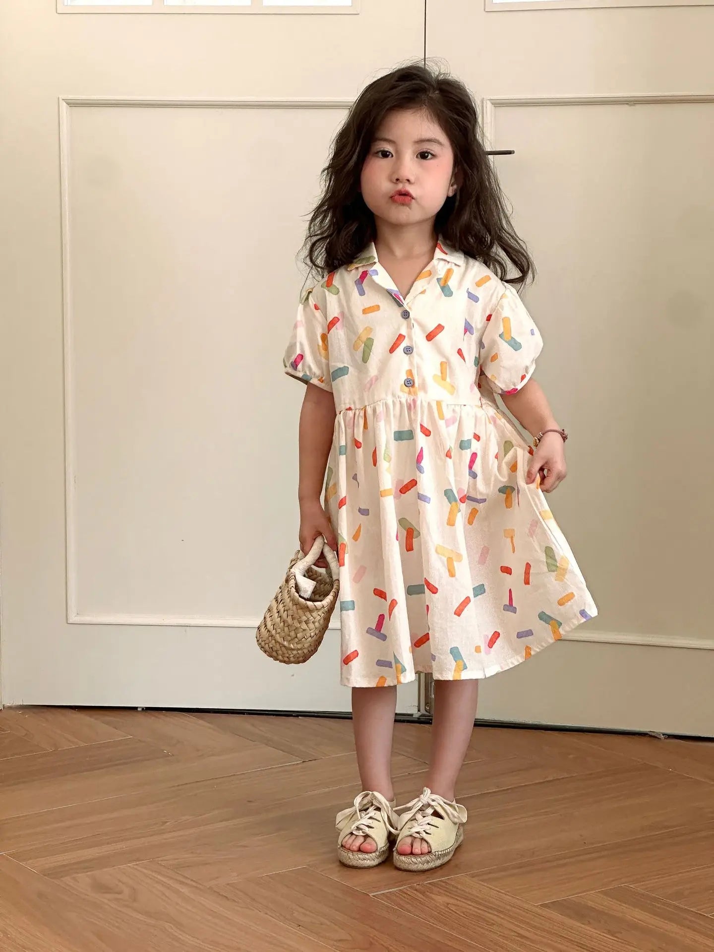 半袖セットアップ dress / 18M (80) キッズワンピース/セットアップ 2点セット カラフル幾何学プリント柄半袖シャツワンピース/半袖シャツ+ショートパンツ リンクコーデ 兄弟姉妹 お揃いコーデ【mh0008877】