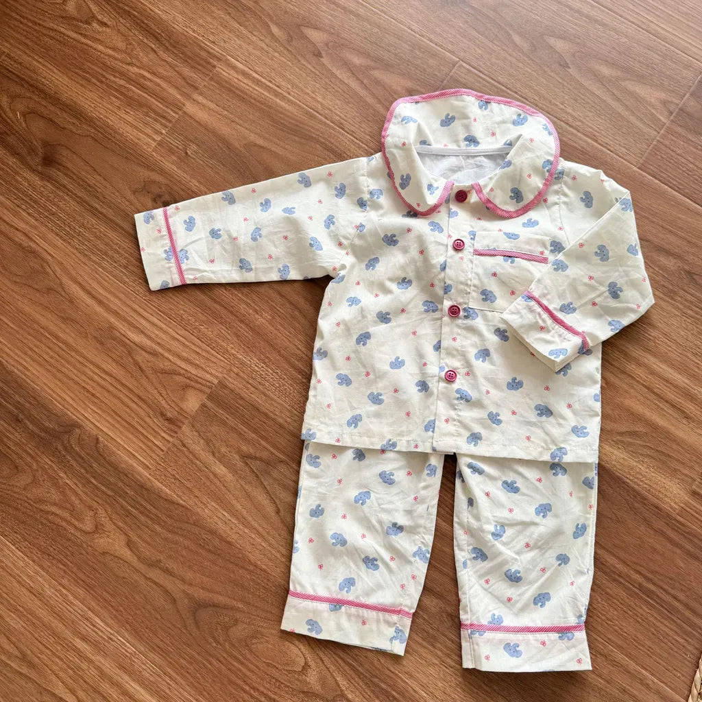 長袖パジャマ elephant / 80cm チェックベアくまプリント/丸襟長袖パジャマセットアップ 2点セット【mh0011236】