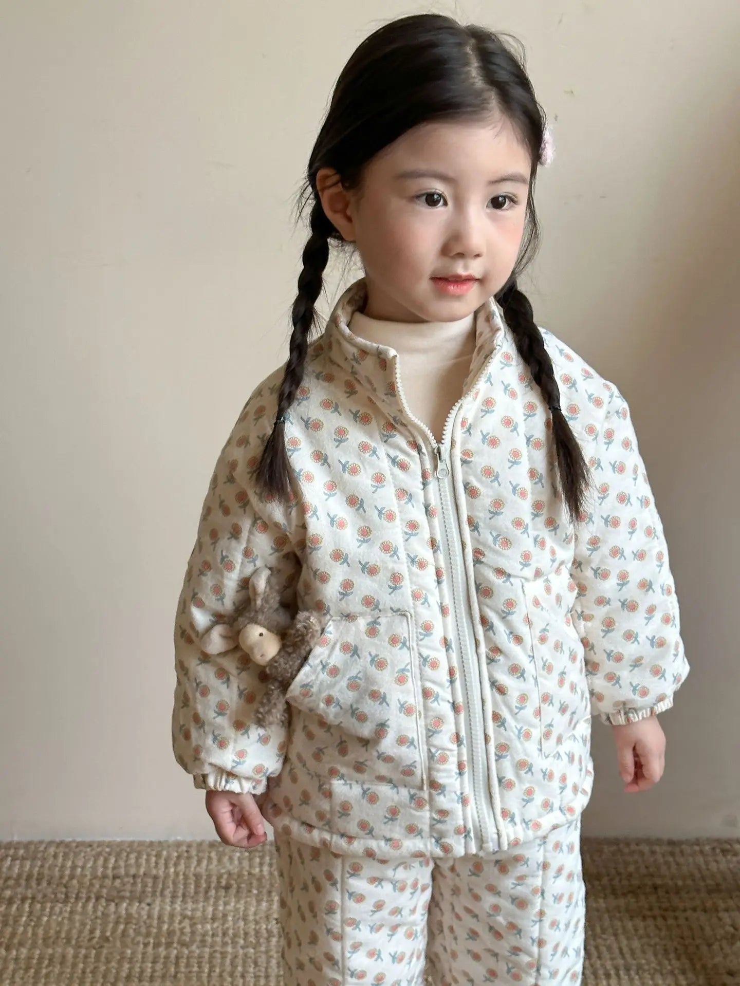 長袖セットアップ flower / 12M  80CM キッズセットアップ 2点セット 裏フリースジップアップジャケット+ロングパンツ 長袖パジャマセット ルームウェア【mh0007845】