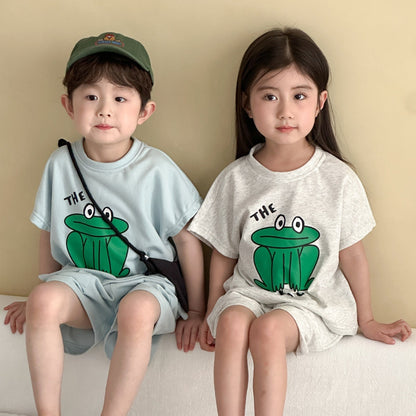 半袖セットアップ カエルFrogプリント半袖Tシャツ+ショートパンツセットアップ 2点セット【mh0009837】