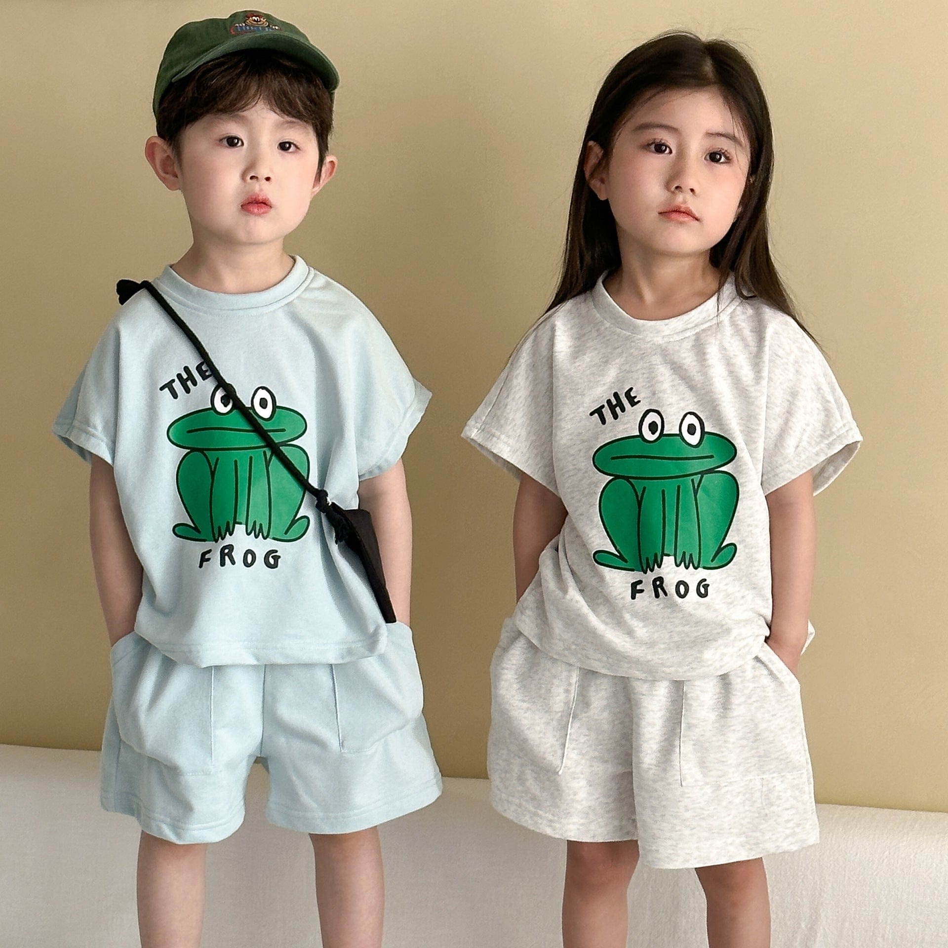 半袖セットアップ カエルFrogプリント半袖Tシャツ+ショートパンツセットアップ 2点セット【mh0009837】